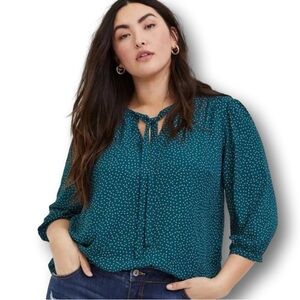 Torrid Georgette Tie Neck Blouse Size 2X Turquoise Tan Polka Dot 3/4 Sleeve EUC